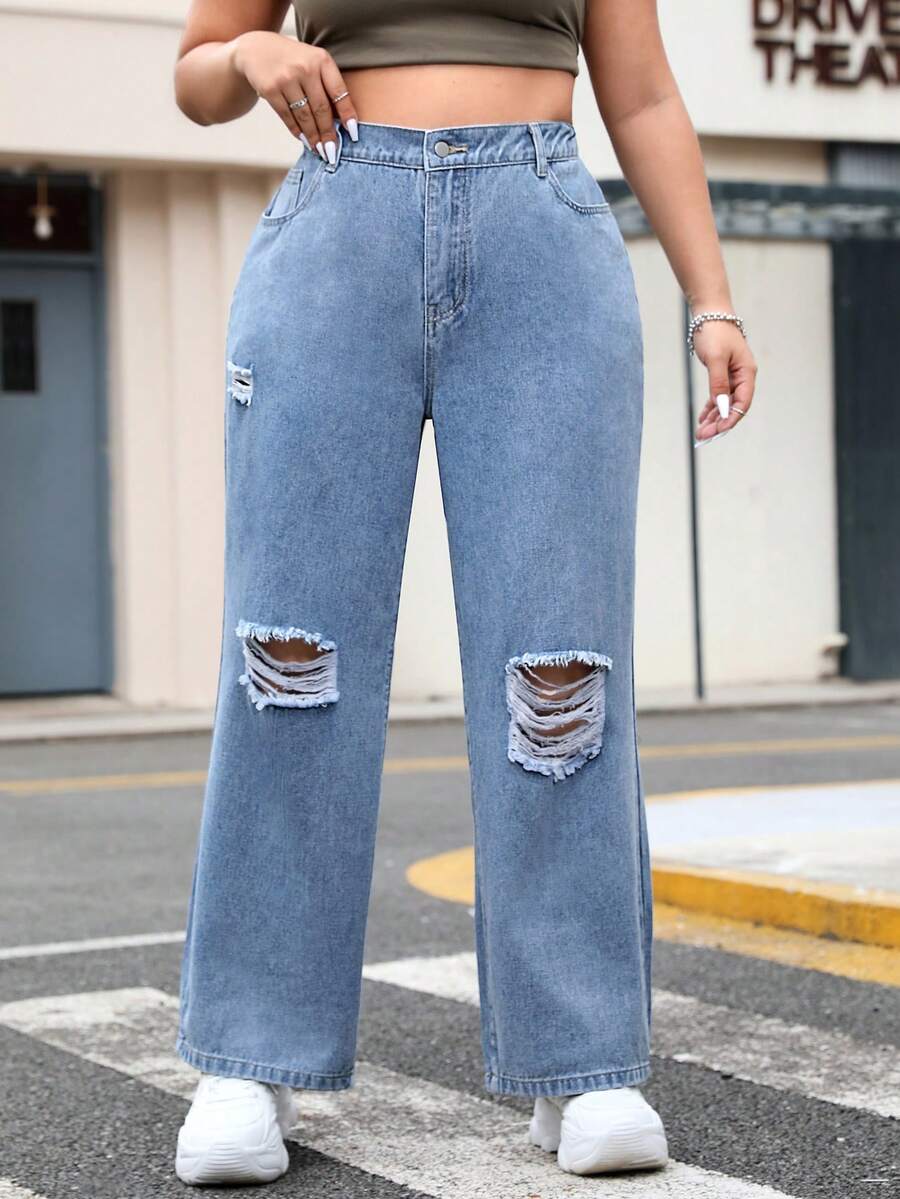 SHEIN EZwear 大尺碼仿舊直筒牛仔褲 - 藍色 - 查看 1