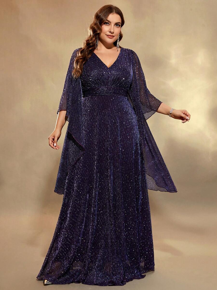 UNITHORSE 加大码女式优雅闪亮喇叭袖鸡尾酒会礼服、派对礼服、婚礼宾客礼服、正式礼服、晚礼服、新娘礼服、生日礼服、毕业礼服、长袍 - 紫色 - 查看 1