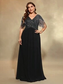 Plus Size Sequin Patchwork Fringe Chiffon Party Dress - Black - View 3