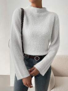 SHEIN LUNE Màu thuần Tay áo lồng đèn Một nửa Áo cao cổ 	
Fuzzy Áo len - trắng - Xem 3