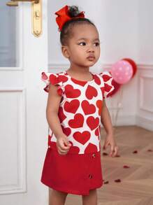 SHEIN Baby Girls' Casual Cute Heart Pattern Elastic Waist Skirt Set For Valentine's Day