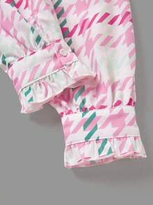 SHEINNeu Houndstooth Print Frill Neck Flare Sleeve Blouse - Pink - View 5