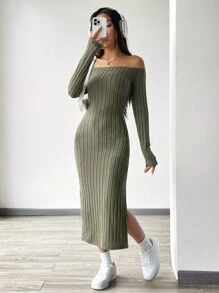 SHEIN EZwear 綠色針織露肩女連身裙 - 軍綠色 - 查看 4