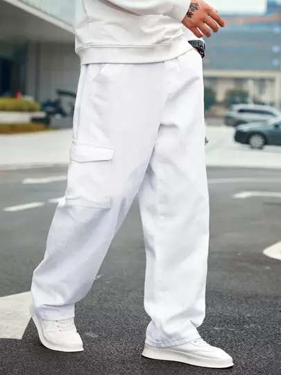 Manfinity Homme 男士休闲纯色翻盖口袋侧边工装牛仔裤