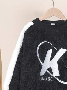 SHEIN Tween Boy Letter Embroidery Contrast Side Seam Pullover - Black - View 3
