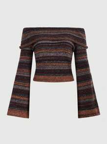 ROMWE Fairycore Striped Off Shoulder Long Sleeve Sweater - Burgundy - View 5