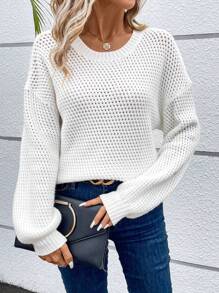 SHEIN Frenchy Women'S White Sweater With Dragon Design, Drop Shoulder Loose Hollow Out Knit Top - White - View 5