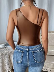 SHEIN Essnce Women's Asymmetrical Shoulder Shiny Top - Brown - View 2