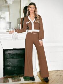 SHEIN Frenchy Contrast Trim Ribbed Knit Pants Winter Brown - Khaki - View 4