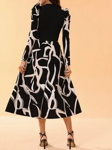 SHEIN Tall Của phụ nữ Vá lại In Ống tay áo Đầm - màu đen - Xem 2