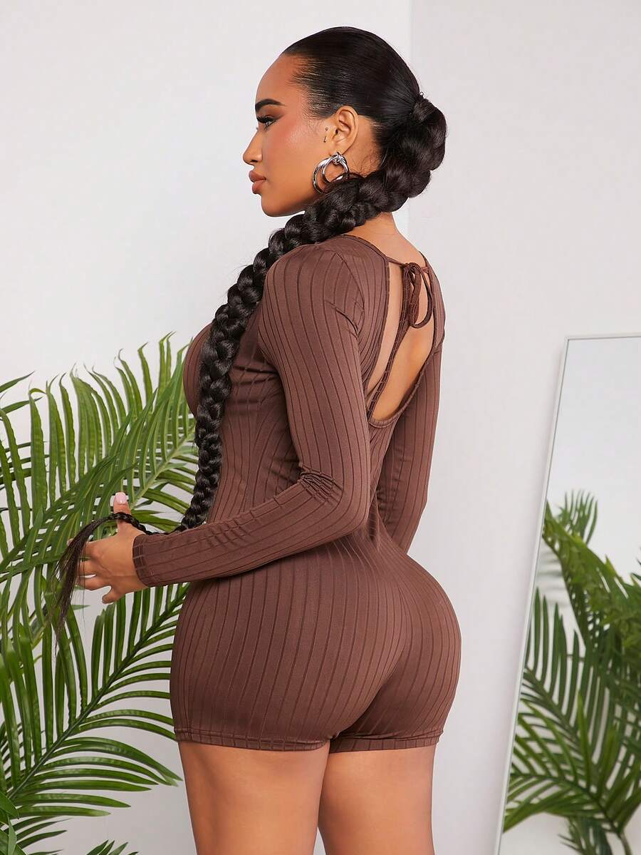 SHEIN SXY Của phụ nữ Không tay Scoop Cổ Sọc Quần áo nịt Romper - màu nâu - Xem 1