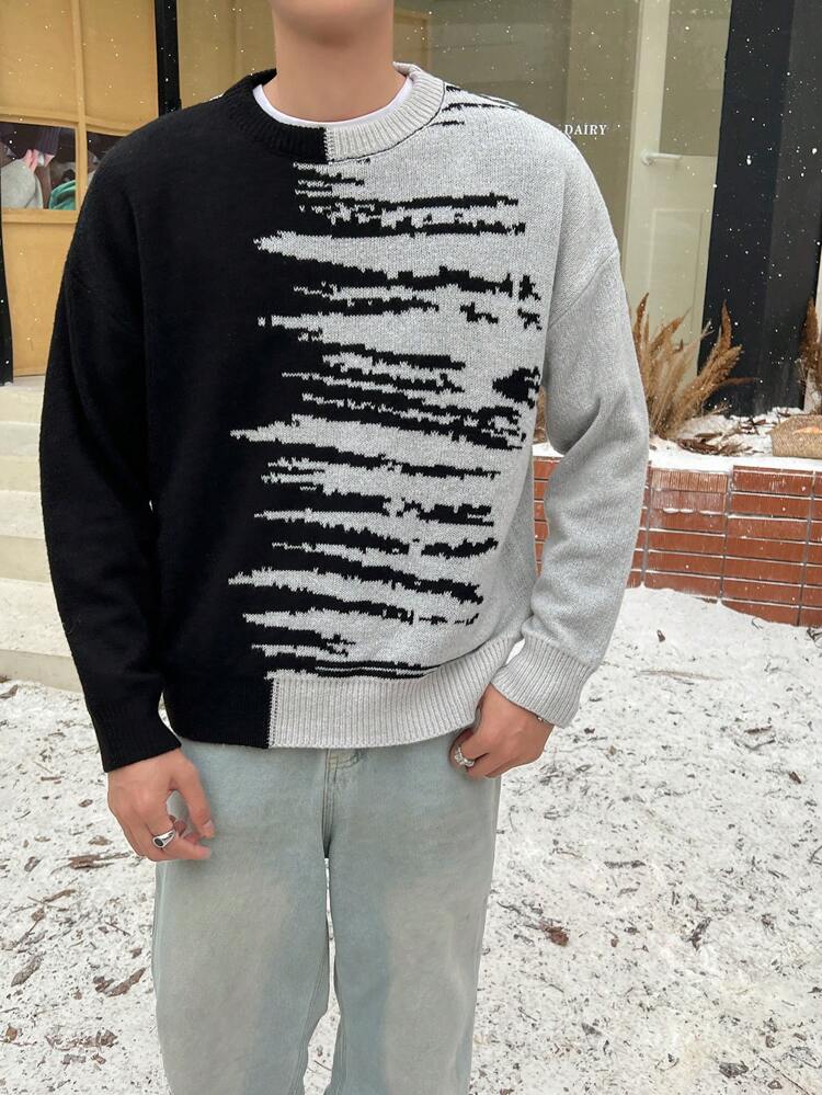 Men's Oversized Colorblock Sweater With Drop Shoulder