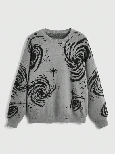 ROMWE Hippie Women'S Drop Shoulder Sweater With Swirl Pattern