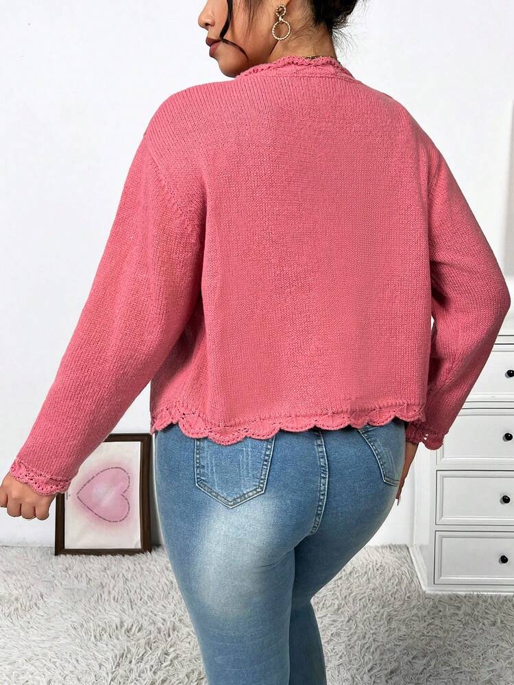 Women's Plus Size Solid Color Shell Hem Tank Top And Cardigan Sweater Set