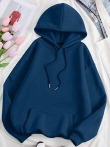 SHEIN EZwear 女款藍色印花連帽常規版型運動衫 - 藏蓝色 - 查看 2