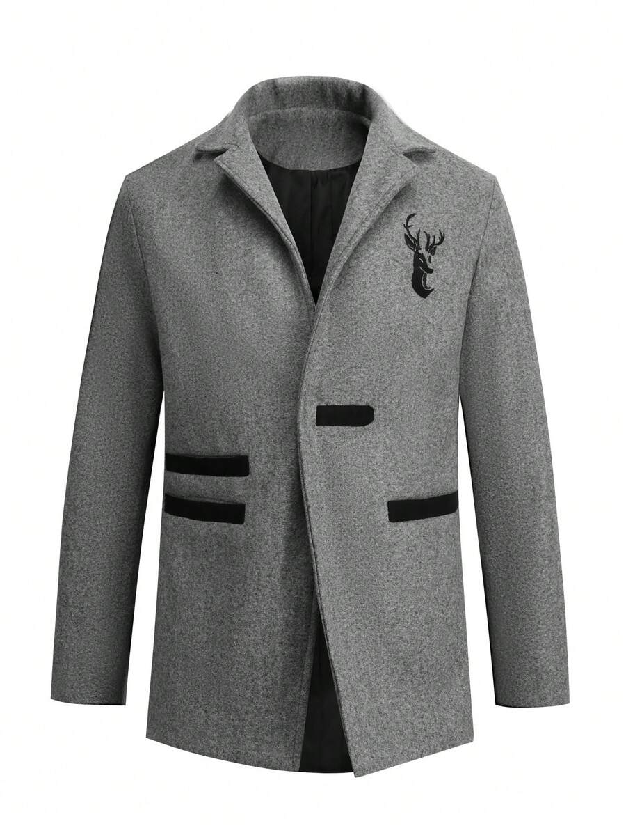 男士1入組麋鹿刺繡拼接邊粗花呢花呢外套 - 灰色 - 查看 1
