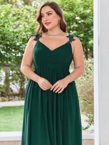 Plus Size Women's Olive Green Split Shoulder Embroidered Chiffon Party Dress - Dark Green - View 6