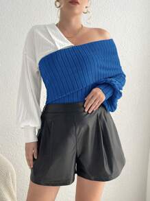 SHEIN Essnce Áo thun có vai bất đối xứng cỡ lớn dành cho nữ - Xanh đậm - Xem 3