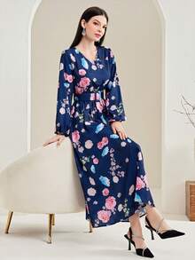 Mulvari 女士花卉印花燈籠袖連衣裙 - 藍色 - 查看 3