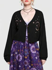 Hippie 女士月亮星星刺繡開衫 - 黑色 - 查看 10