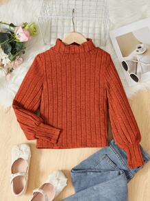 SHEIN Tween 女孩針織純色立領泡泡袖合身 T 卹 - 鏽棕色 - 查看 1