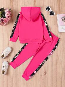 SHEIN 小女孩心形和花卉印花帽衫和褲子套裝 - 玫紅色 - 查看 2