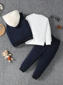 SHEIN 男小童小熊印花拉鏈開襟連帽夾克背心和運動褲&套頭衫 - 寶藍色 - 查看 2