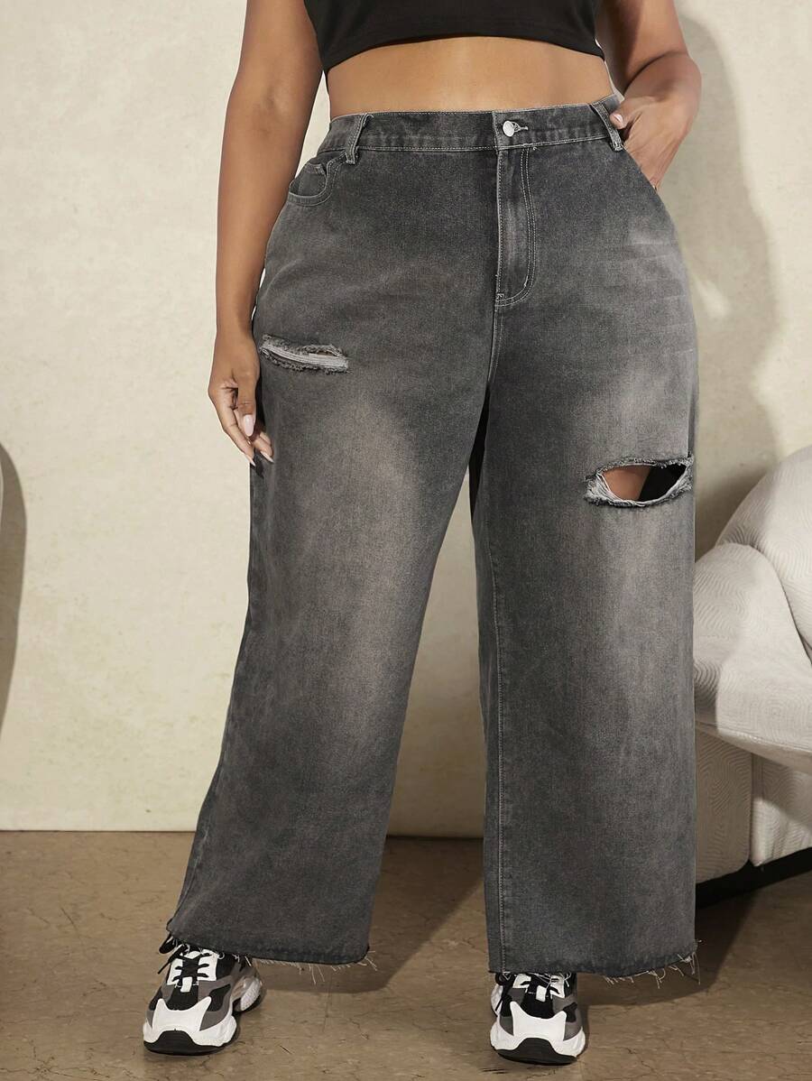 SHEIN CURVE+ Của phụ nữ Kích thước lớn Quần jean ống rộng rách - Xám - Xem 1