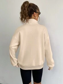 SHEIN EZwear Một nửa khóa kéo Túi kangaroo Thả vai Áo nỉ - Màu Khaki - Xem 2