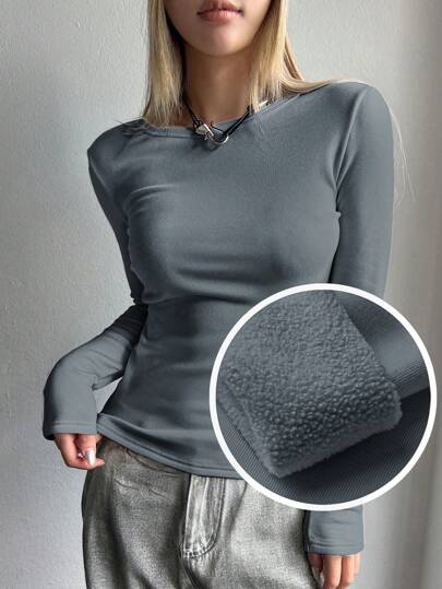 DAZY Camiseta térmica de manga larga para mujer, unicolor con forro térmico