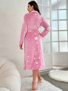 Women's Plush Five-pointed Star Patterned Bathrobe - Pink - View 2