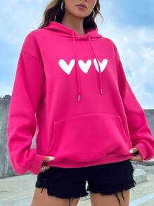 SHEIN EZwear 心形紋綁帶袋抽繩連帽衫 - 玫紅色 - 查看 1