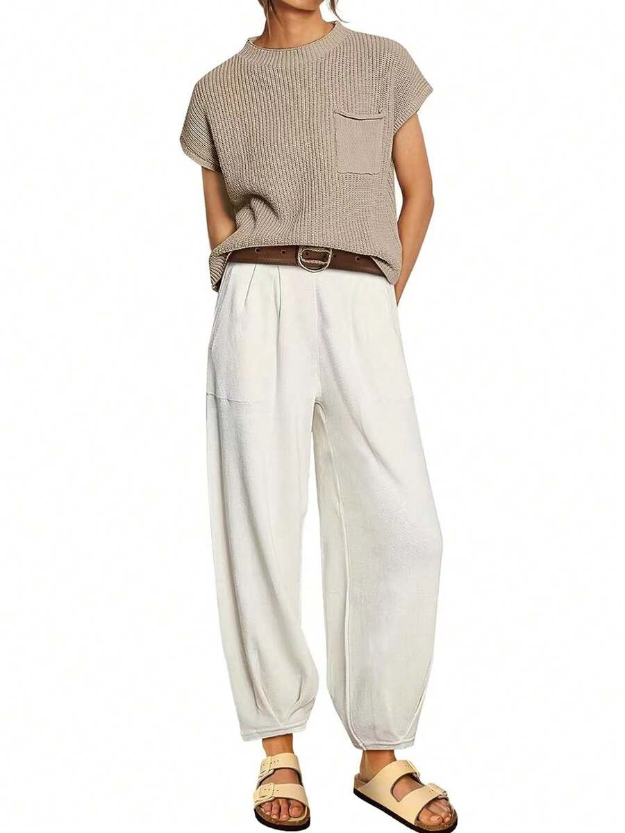 Women'S Batwing Short Sleeve Top And Pants Set - Khaki - View 1