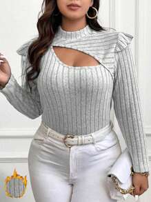 SHEIN Franclia Hơn Cắt ra Cổ giả Viền Ruffle Áo thun - Xám - Xem 1