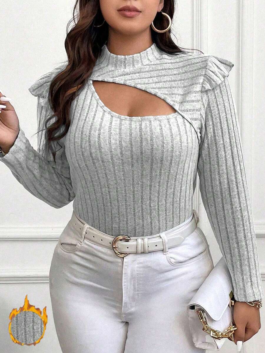 SHEIN Franclia Hơn Cắt ra Cổ giả Viền Ruffle Áo thun - Xám - Xem 1