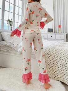 CottageSlumber Bộ đồ ngủ áo và quần nhún bèo in hoa dành cho nữ mùa lễ hội, họa tiết hoa lộng lẫy, trang phục thu đông ấm áp và thanh lịch - Màu be - Xem 2