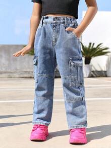 女小童側翻蓋口袋工裝牛仔褲 - 淺色水洗藍 - 查看 5