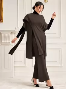 Mulvari Women's Color Block Batwing Sleeve Top With Split Hem And Wide Leg Pants Set - Coffee Brown - View 1