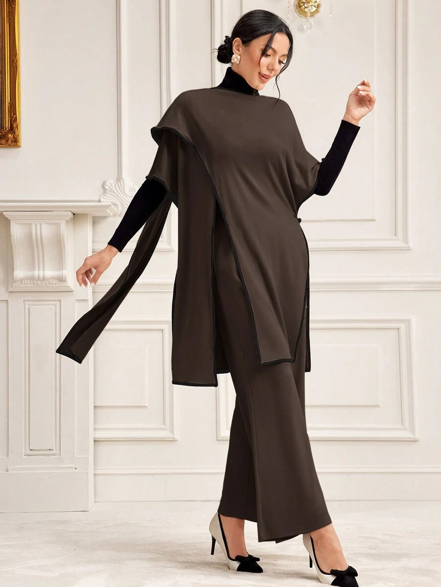 Mulvari Women's Color Block Batwing Sleeve Top With Split Hem And Wide Leg Pants Set - Coffee Brown - View 1