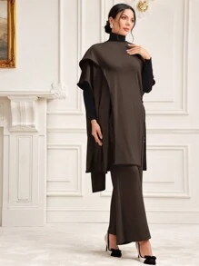 Mulvari Women's Color Block Batwing Sleeve Top With Split Hem And Wide Leg Pants Set - Coffee Brown - View 5