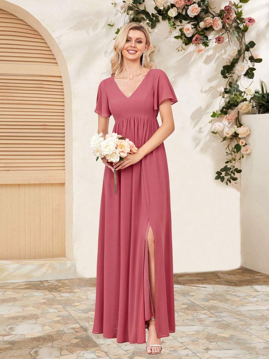 Vestido de manga mariposa de muslo con abertura - Color caoba - Ver 1