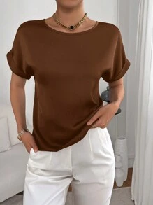 SHEIN Essnce Của phụ nữ màu trơn Vòng cổ Ngắn tay Áo - màu nâu - Xem 3