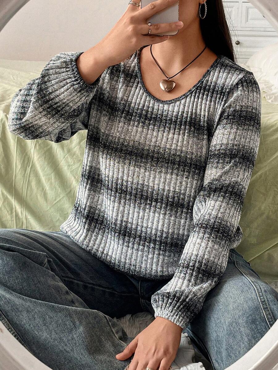 Flirla Kích thước lớn Sọc In Áo thun - Nhiều màu - Xem 1