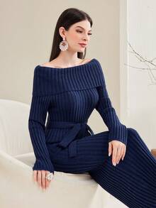 Modelyn Của phụ nữ Off Shoulder Váy len bó sát - Màu xanh hải quân - Xem 5