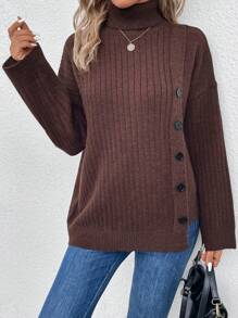 SHEIN LUNE Của phụ nữ Áo cao cổ Thả vai Có nút Áo len - Cà phê nâu - Xem 5