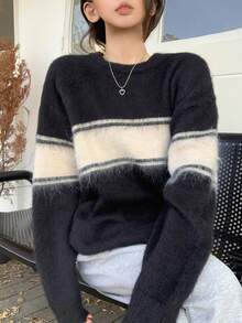 Dazy Star Women's Striped Colorblock Sweater - Black - View 5