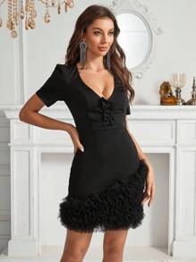 SHEIN Belle Ladies' Floral Lace A-Line Dress With 3d Flower On Chest And Hem For Cocktail Party