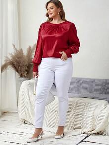 Stone Pattern Lantern Sleeve Plus Size Shirt - Burgundy - View 3