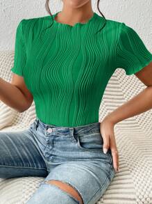 SHEIN Frenchy Women's Solid Color Round Neck Hollow Out Embroidery Short Sleeve Bodysuit, Fashion, Back To School Clothes, Old Money Style, Fall Clothes, 4th Of July Clothes, Teacher Outfits - Green - View 3