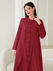 Al Najma 勃艮第红色女士纯色纽扣宽松阿拉伯休闲长袍连衣裙 - 酒紅色 - 查看 3